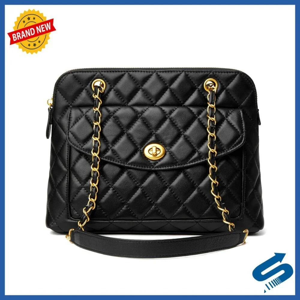 Quilted Leather Satchel Shoulder Bag with Detachable Chain Strap